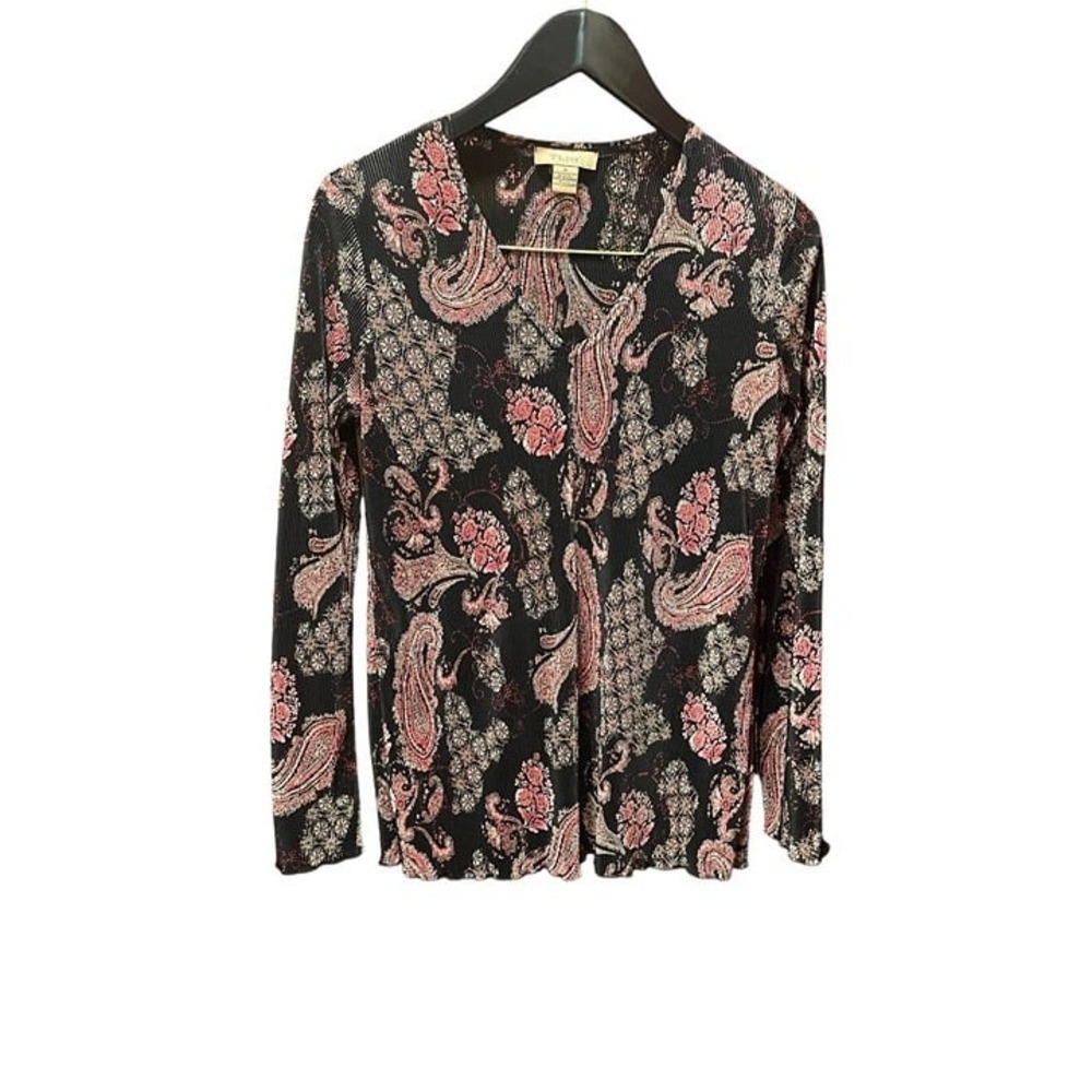 Plisse‎ woman's black and floral crinkle top size medium